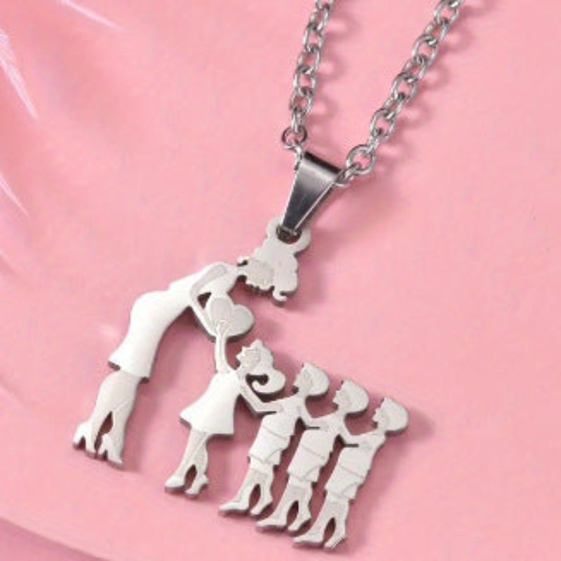 Mother & Kids Silhouette Pendant Necklace, 316L Titanium Steel Silver Plated Family Keepsake Necklace, Multiple Figures, Gold & Silver Family Jewelry