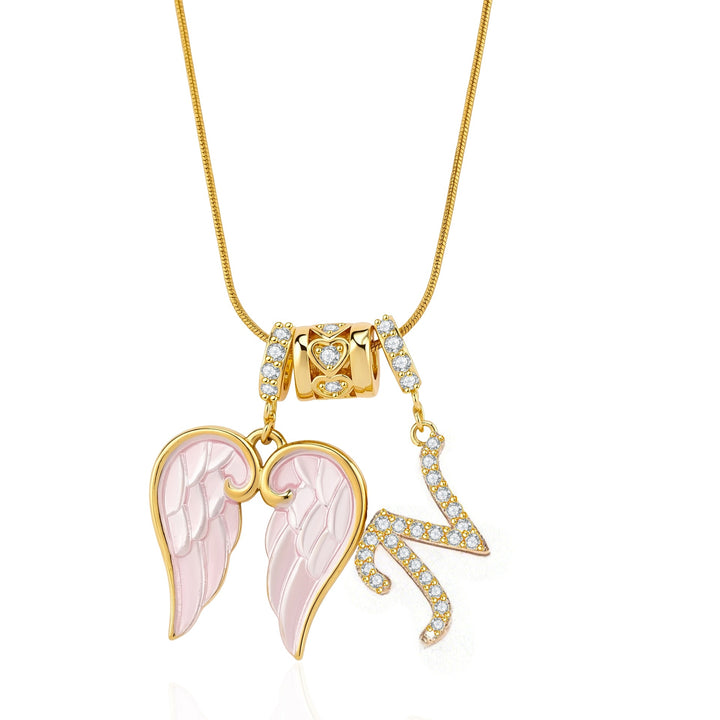 Pink Enamel Angel Wing Initial Necklace, Custom 26 Letters Gold Plated Diamond Pendant