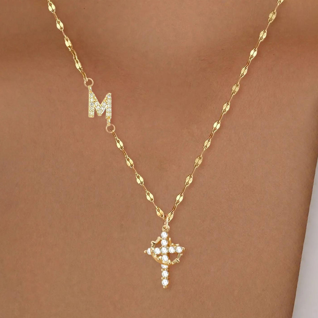 Diamond Initial & Cross Double Pendant Necklace (26 Letters Gold Tone Lip Chain)