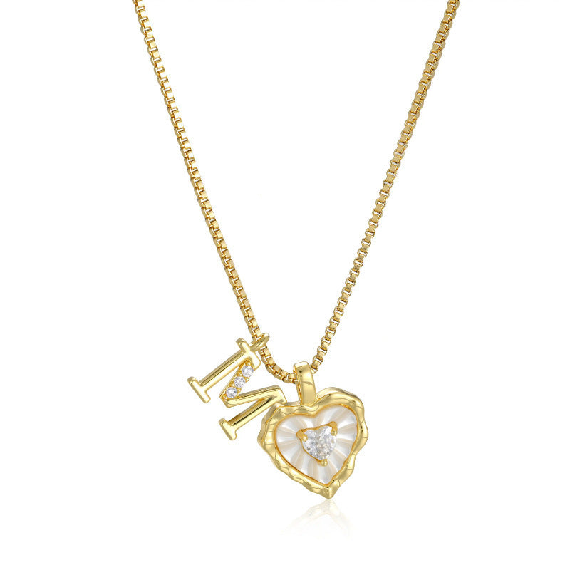 White Shell Heart Initial Necklace, Wavy Edge Mother of Pearl Pendant with Heart Diamond, Custom 26 Letters Gold Box Chain