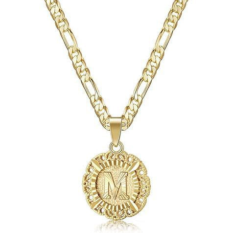 Vintage Lace Round 26 Letter Figaro Necklace, 14K Gold Plated Personal Initial Pendant Clavicle Chain