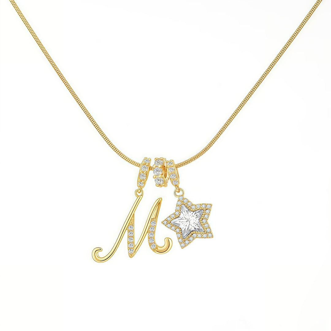 Script Initial Pave Star Dual Charm Snake Chain Necklace, Gold & Silver Custom Letter Choker