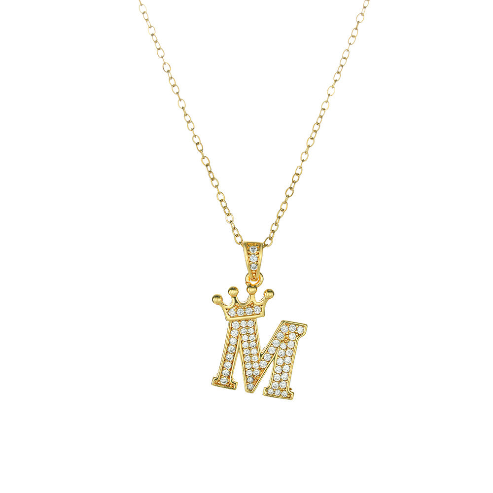 Crown Paved Diamond Initial Letter Necklace, 14K Gold Plated Personalized Dainty Chain, A-Z Available
