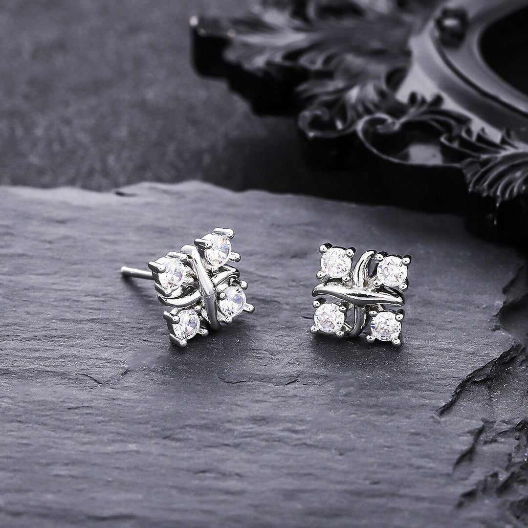 Cross Wrapped Four-Diamond S925 Silver Stud Earrings, Unique 3D Diamond Ear Jewelry, Minimalist Luxury Daily Earrings