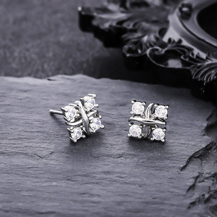 Cross Wrapped Four-Diamond S925 Silver Stud Earrings, Unique 3D Diamond Ear Jewelry, Minimalist Luxury Daily Earrings