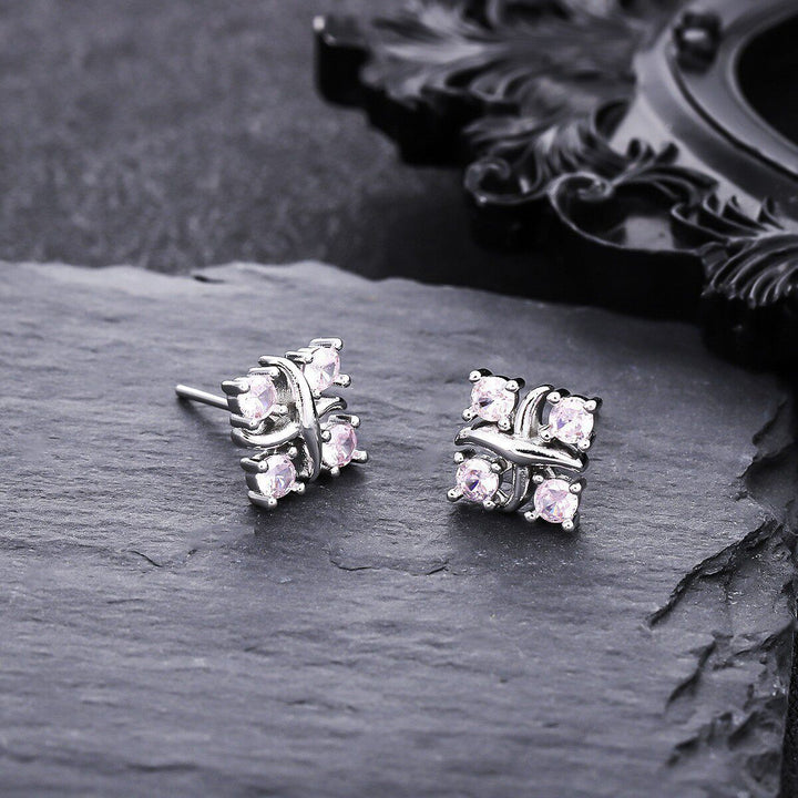 Cross Wrapped Four-Diamond S925 Silver Stud Earrings, Unique 3D Diamond Ear Jewelry, Minimalist Luxury Daily Earrings