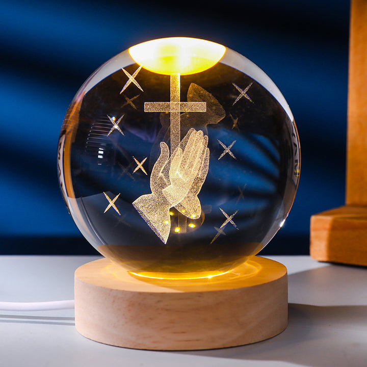 3D Laser Engraved Glowing Crystal Ball Ornament, Multi-Pattern Solid Wood Warm LED Base Night Light Gift