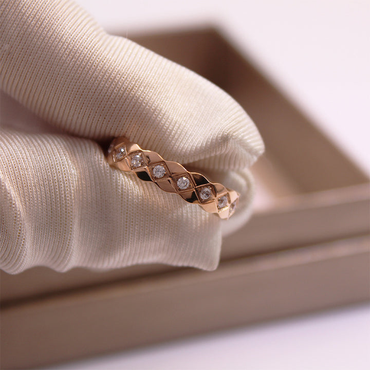 Classic Quilted Pattern Silver Ring, Plain & Paved Diamond Luxury Versatile Band Ring