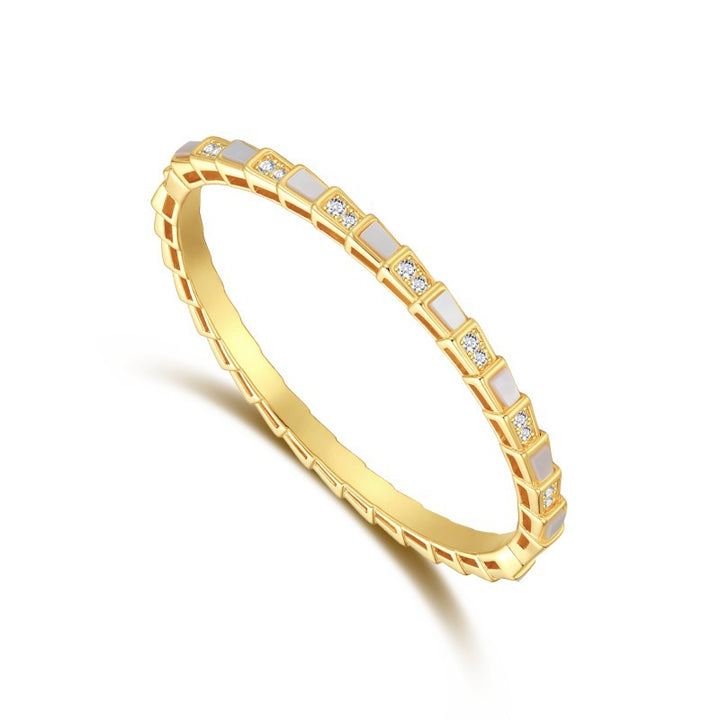 Snake Segment White Mother of Pearl Paved Crystal Thin Bangle, Gold Silver Rose Gold Stackable Luxury Bracelet
