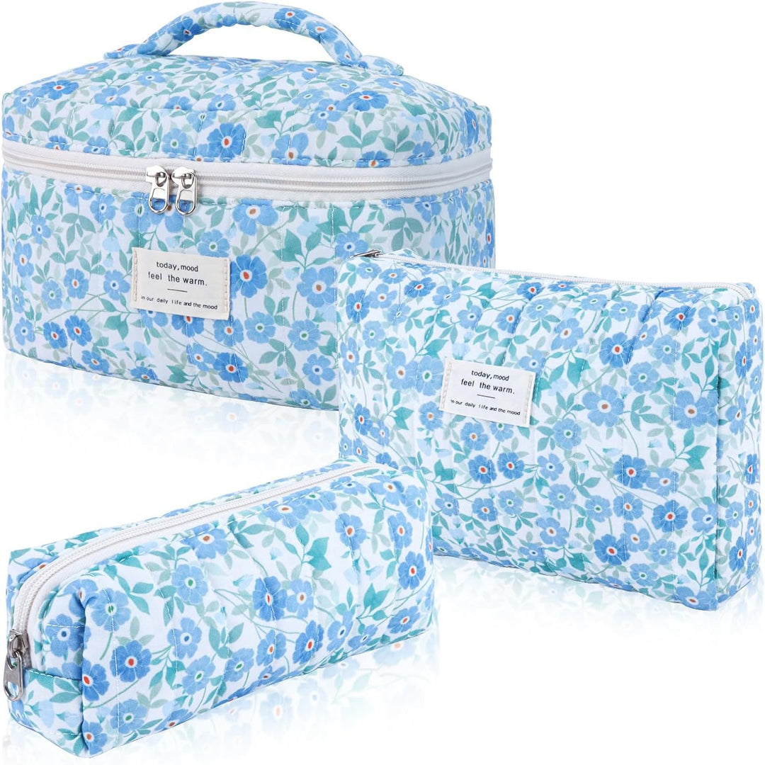 Floral Quilted 3-Piece Makeup Bag Set, Large Capacity Handheld Cosmetic Bag Portable Storage Pouch & Pencil Case Kit