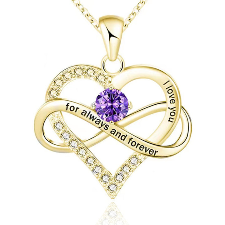 Infinity Intertwined Heart Engraved Birthstone Necklace, Eternal Love Heart Pendant Clavicle Chain with Birthstone