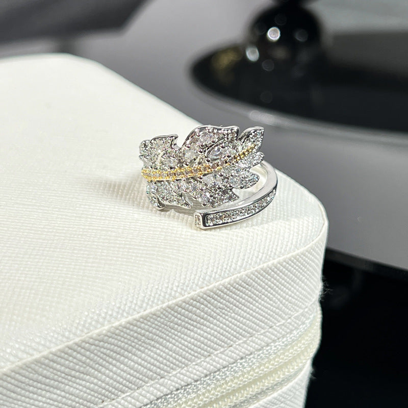 Two-Tone Paved Crystal Maple Leaf Open Ring (Luxury Vintage Women's Band)