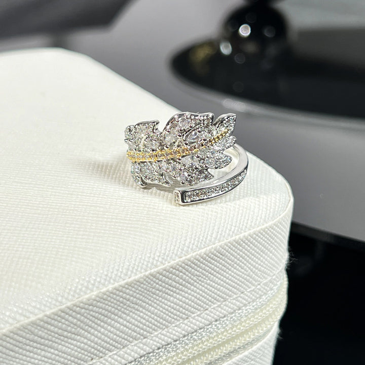 Two-Tone Paved Crystal Maple Leaf Open Ring (Luxury Vintage Women's Band)