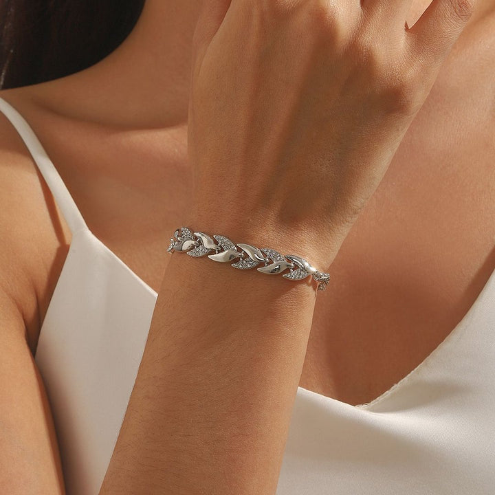 Rhinestone Wheat Necklace & Bracelet Set, S925 Sterling Silver Luxury Inlaid Wheat Jewelry 2Pcs Set
