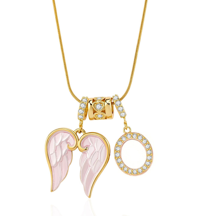 Pink Enamel Angel Wing Initial Necklace, Custom 26 Letters Gold Plated Diamond Pendant