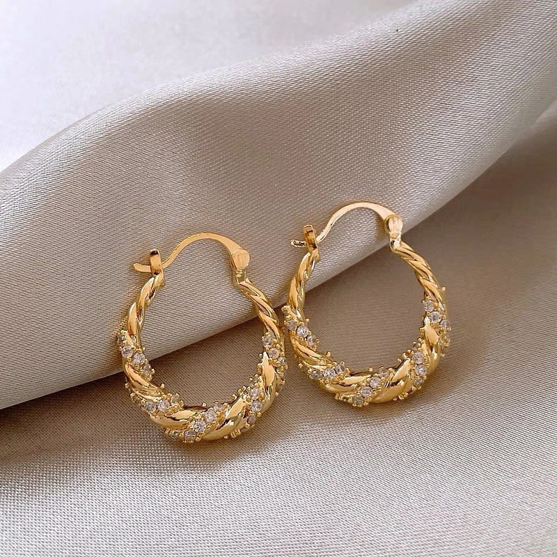 Twisted Paved Diamond Hoop S925 Silver Earrings, Vintage Braided Diamond Hoop Earrings in Gold & Silver Tone
