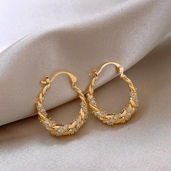 Twisted Paved Diamond Hoop S925 Silver Earrings, Vintage Braided Diamond Hoop Earrings in Gold & Silver Tone