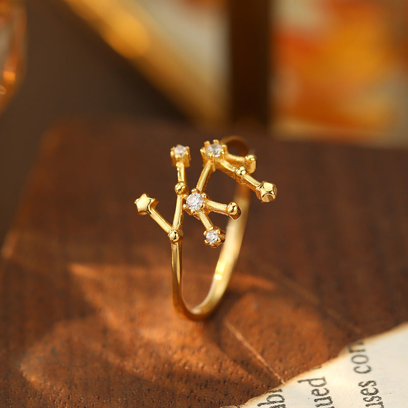 925 Silver Diamond-Inlaid 12 Constellations Open Adjustable Ring (Unisex Luxury Personalized Style)