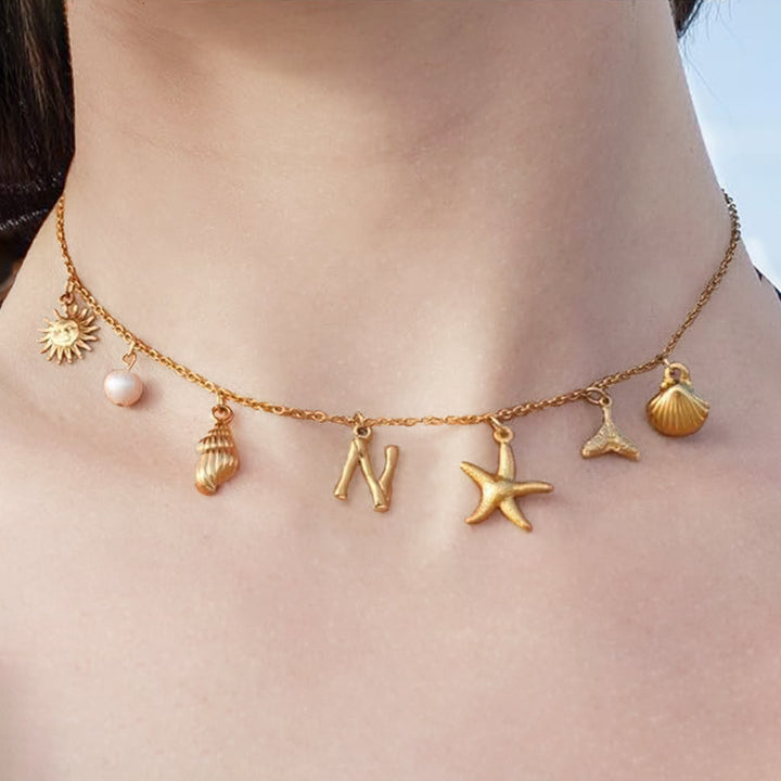 Ocean Vacation Multi-Charm Initial Choker, Starfish Shell Mermaid Tail Sun Pearl Custom Letter Thin Necklace for Women