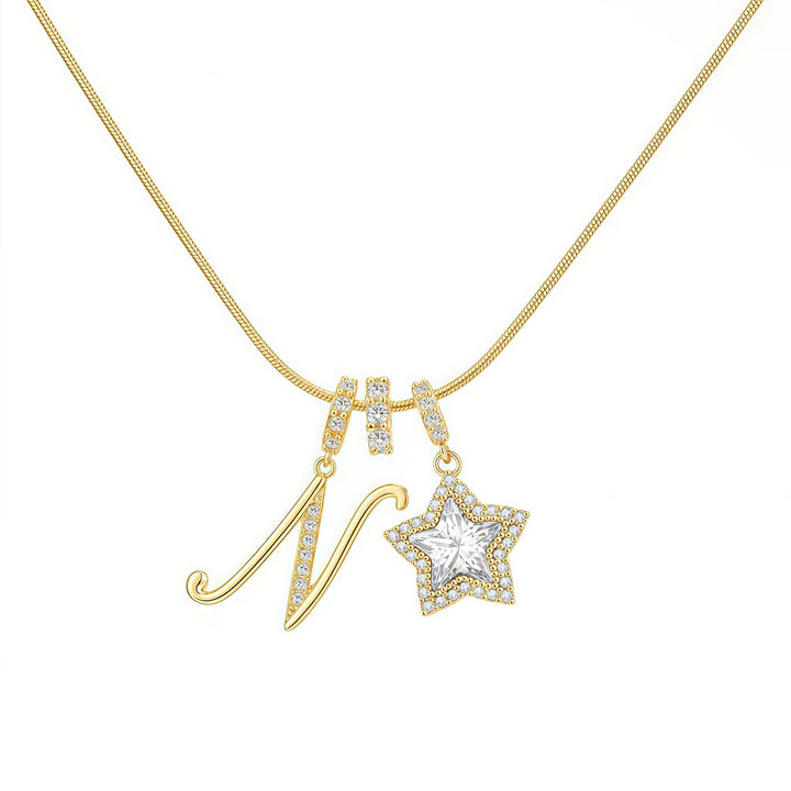 Script Initial Pave Star Dual Charm Snake Chain Necklace, Gold & Silver Custom Letter Choker