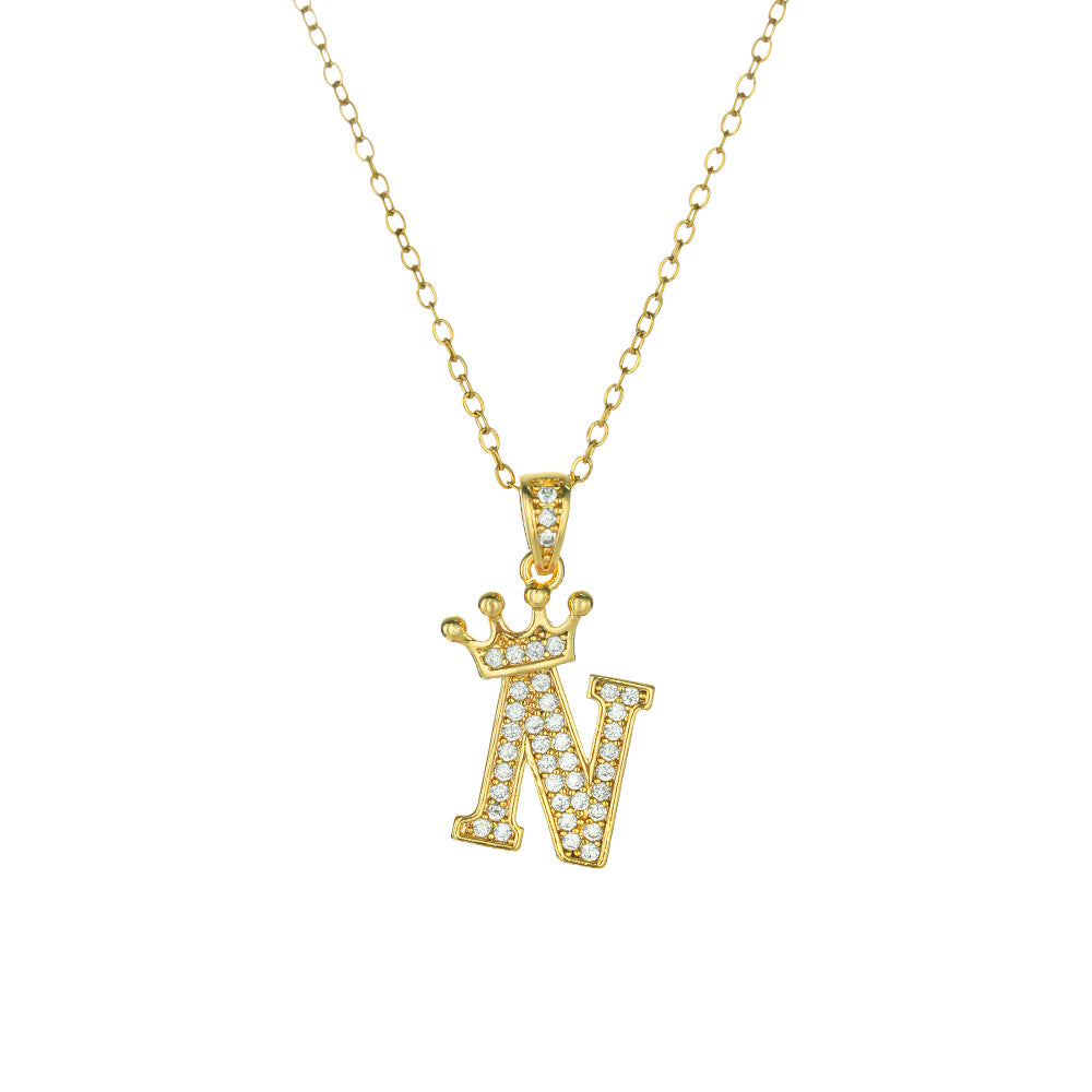 Crown Paved Diamond Initial Letter Necklace, 14K Gold Plated Personalized Dainty Chain, A-Z Available