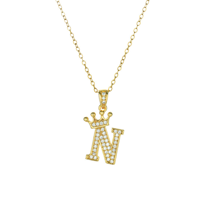 Crown Paved Diamond Initial Letter Necklace, 14K Gold Plated Personalized Dainty Chain, A-Z Available