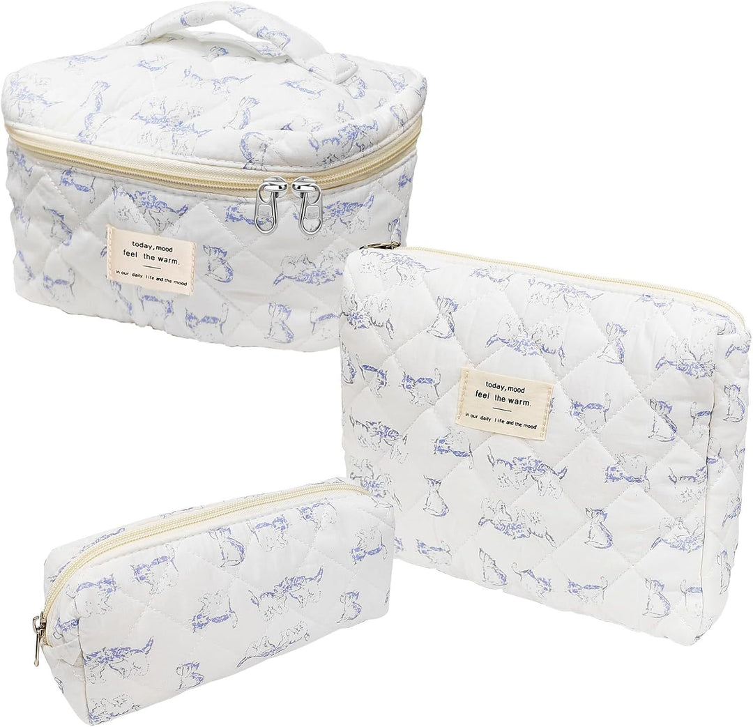 Floral Quilted 3-Piece Makeup Bag Set, Large Capacity Handheld Cosmetic Bag Portable Storage Pouch & Pencil Case Kit