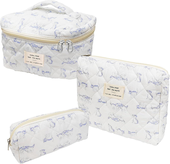 Floral Quilted 3-Piece Makeup Bag Set, Large Capacity Handheld Cosmetic Bag Portable Storage Pouch & Pencil Case Kit