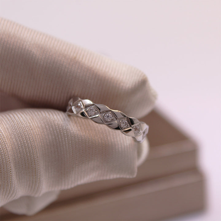 Classic Quilted Pattern Silver Ring, Plain & Paved Diamond Luxury Versatile Band Ring