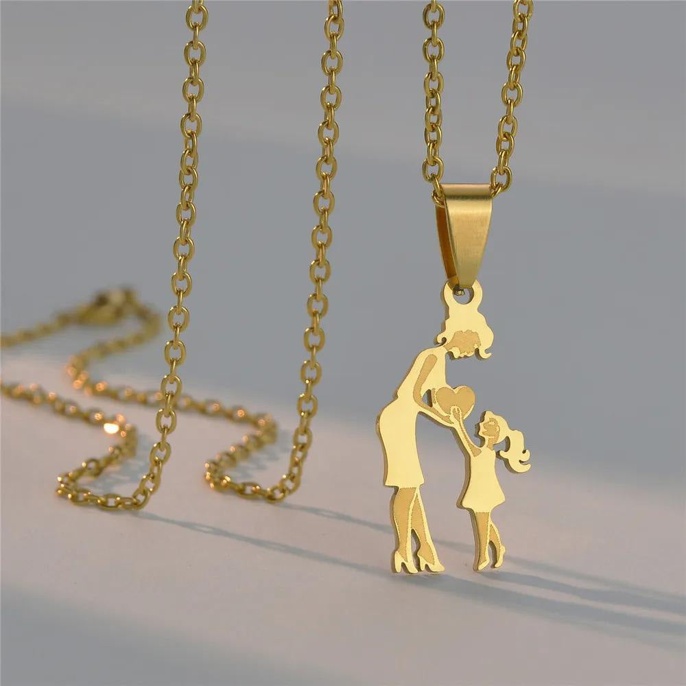 Mother & Kids Silhouette Pendant Necklace, 316L Titanium Steel Silver Plated Family Keepsake Necklace, Multiple Figures, Gold & Silver Family Jewelry