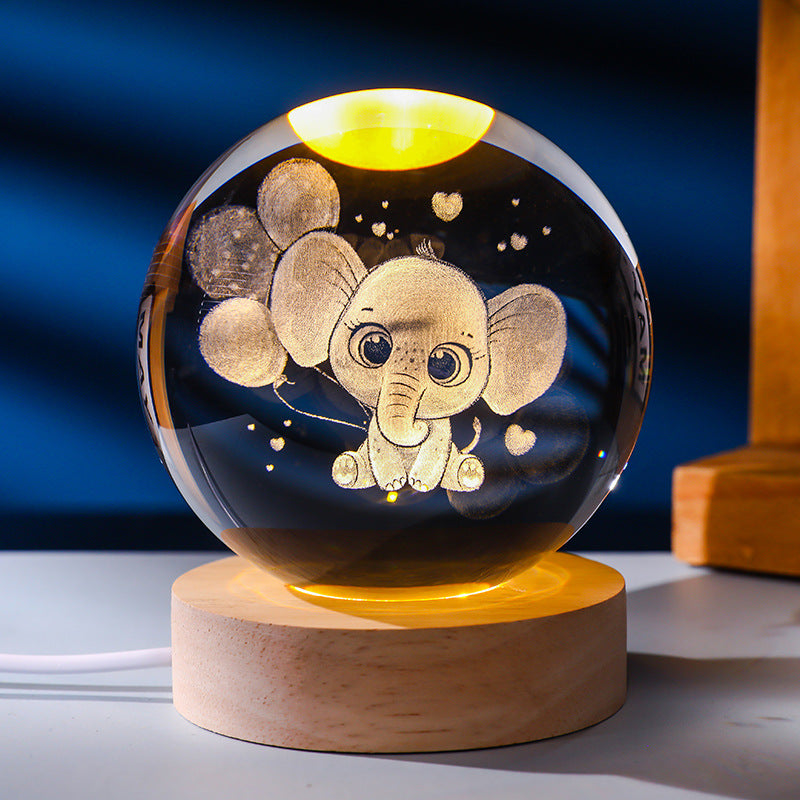 3D Laser Engraved Glowing Crystal Ball Ornament, Multi-Pattern Solid Wood Warm LED Base Night Light Gift