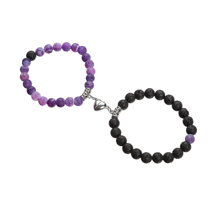 Magnetic Heart Couple Bracelets with Agate Beads – Purple Love Stone Gift Set