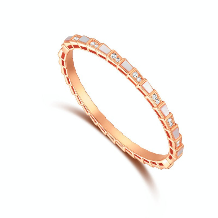 Snake Segment White Mother of Pearl Paved Crystal Thin Bangle, Gold Silver Rose Gold Stackable Luxury Bracelet