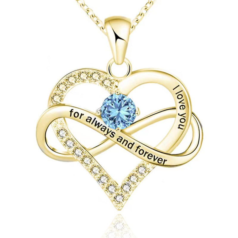 Infinity Intertwined Heart Engraved Birthstone Necklace, Eternal Love Heart Pendant Clavicle Chain with Birthstone