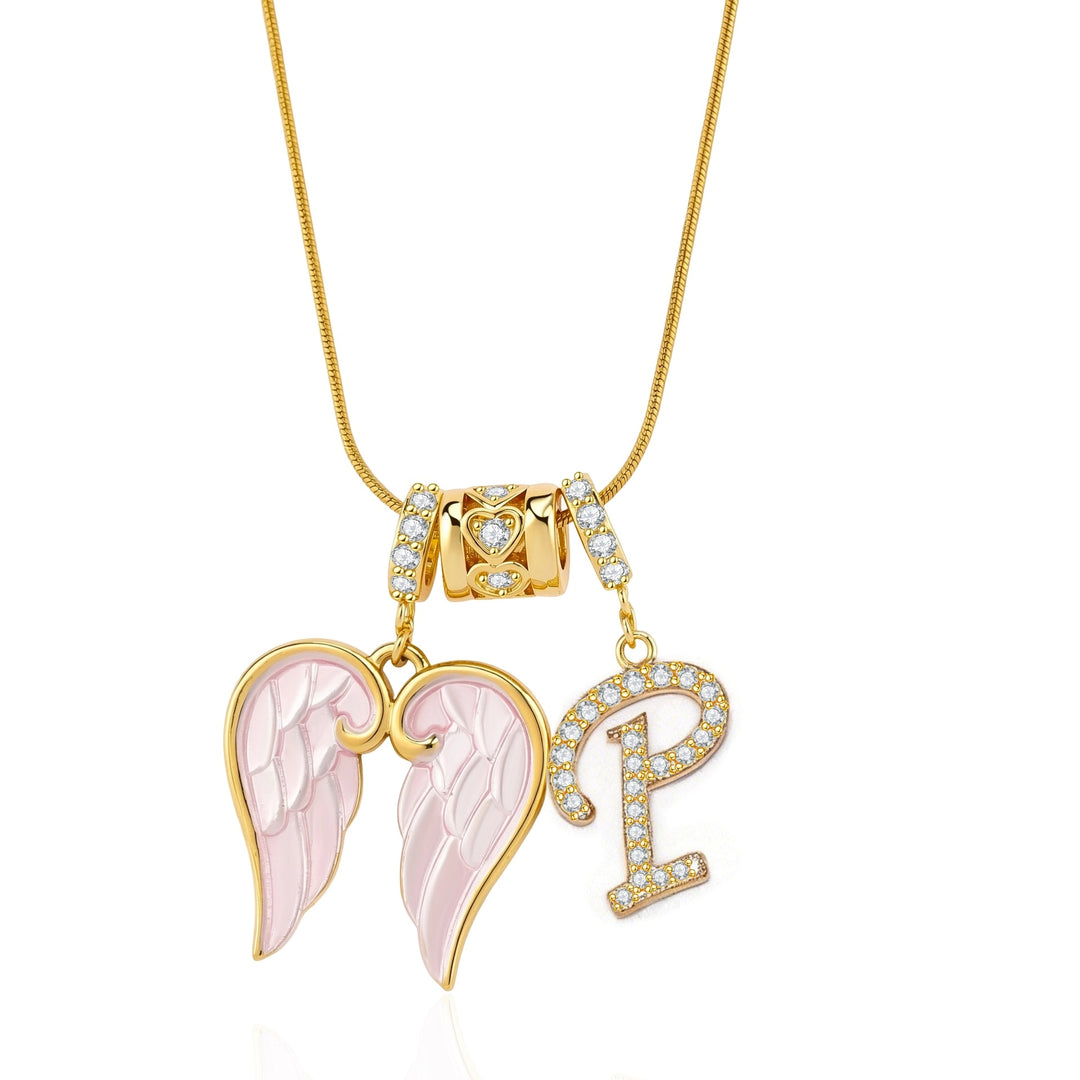 Pink Enamel Angel Wing Initial Necklace, Custom 26 Letters Gold Plated Diamond Pendant