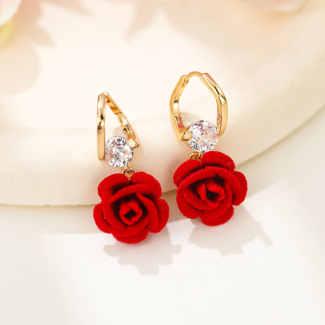 Flocking Rose Pearl Hook Earrings, Gentle Red & Pink Rose Diamond Long Dangle Earrings, Two Colors Available