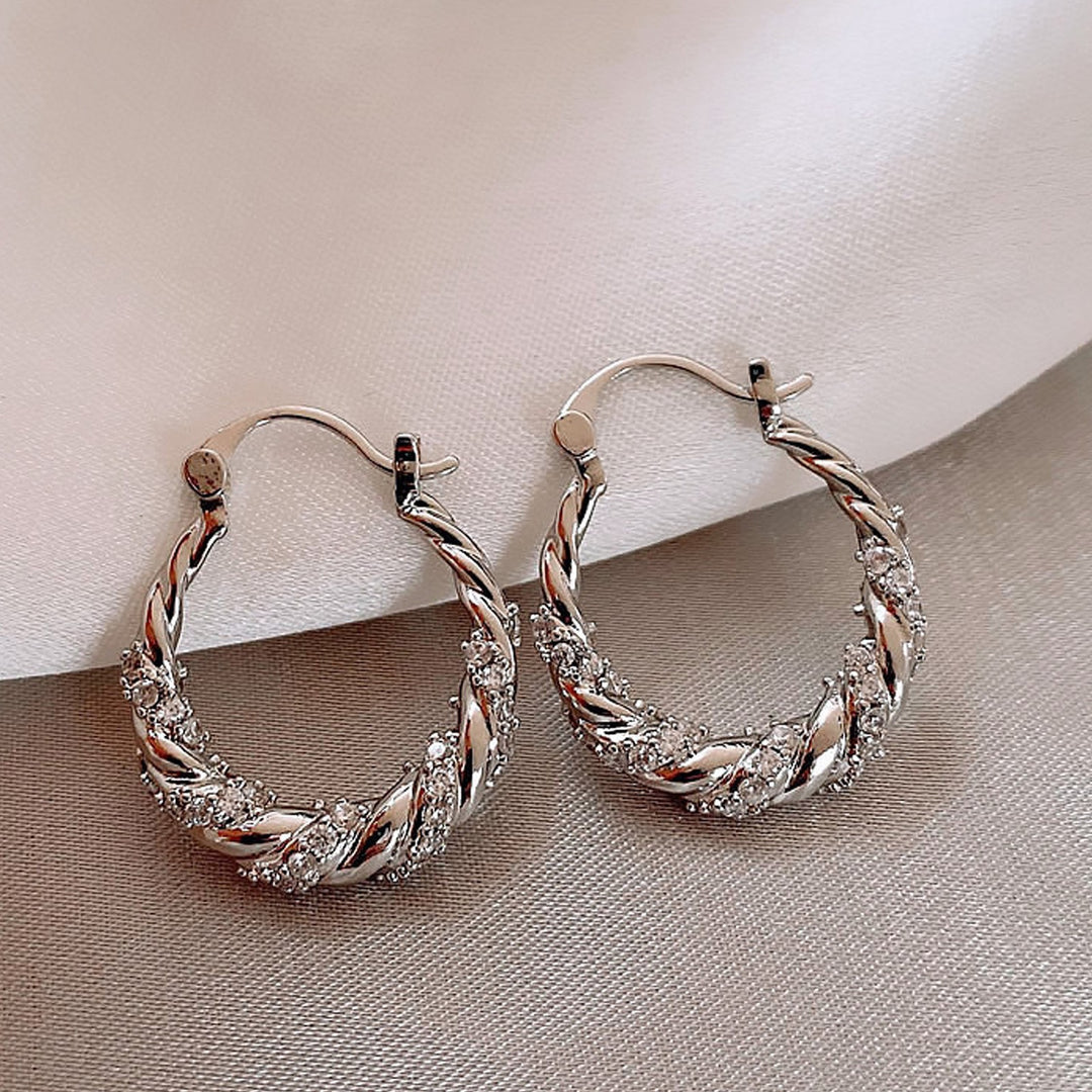 Twisted Paved Diamond Hoop S925 Silver Earrings, Vintage Braided Diamond Hoop Earrings in Gold & Silver Tone