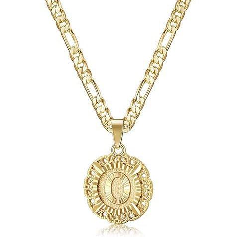 Vintage Lace Round 26 Letter Figaro Necklace, 14K Gold Plated Personal Initial Pendant Clavicle Chain