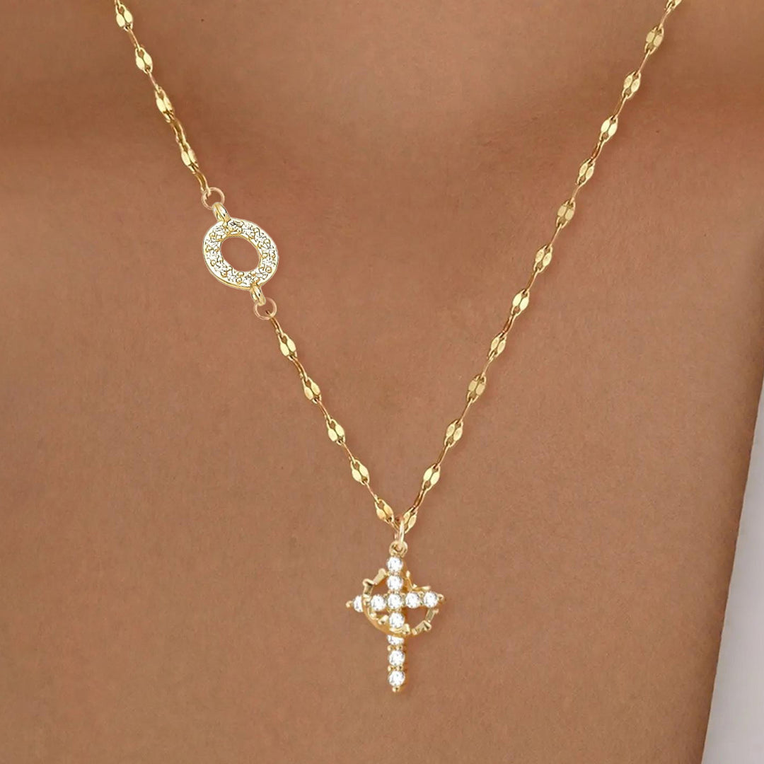 Diamond Initial & Cross Double Pendant Necklace (26 Letters Gold Tone Lip Chain)