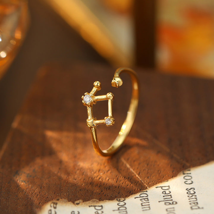 925 Silver Diamond-Inlaid 12 Constellations Open Adjustable Ring (Unisex Luxury Personalized Style)
