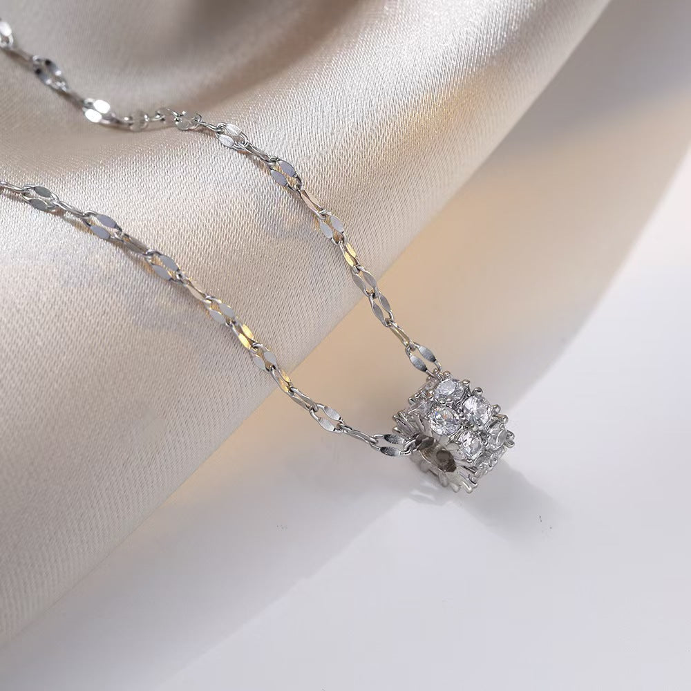 Luxury Pave Cube Necklace (Silver Tone Shimmer Chain Choker)