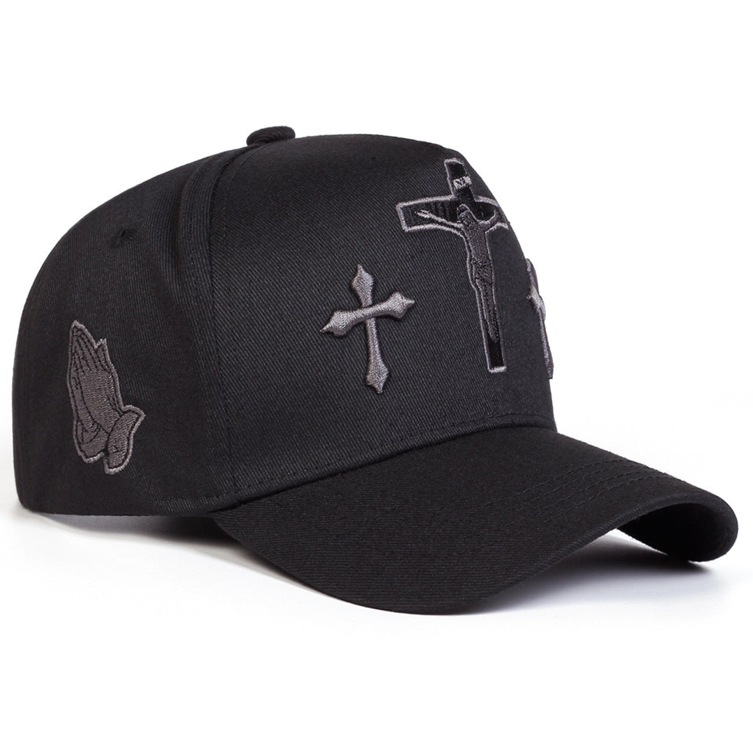 European American Street Cross Praying Hands Embroidered Baseball Cap, Vintage Two-Tone Structured Adjustable Hip Hop Curved Brim Hat