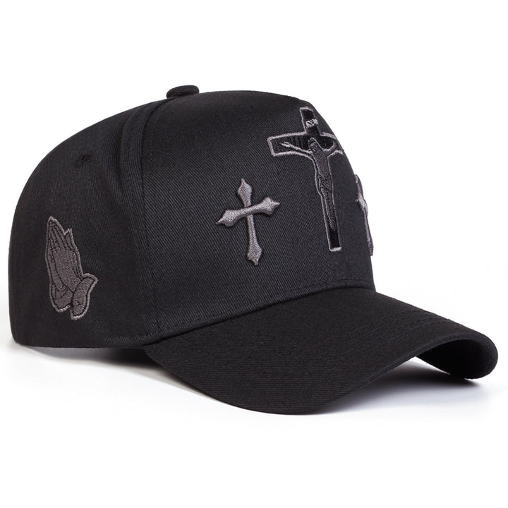 European American Street Cross Praying Hands Embroidered Baseball Cap, Vintage Two-Tone Structured Adjustable Hip Hop Curved Brim Hat