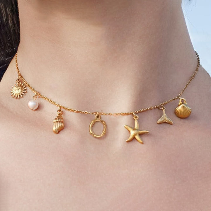 Ocean Vacation Multi-Charm Initial Choker, Starfish Shell Mermaid Tail Sun Pearl Custom Letter Thin Necklace for Women