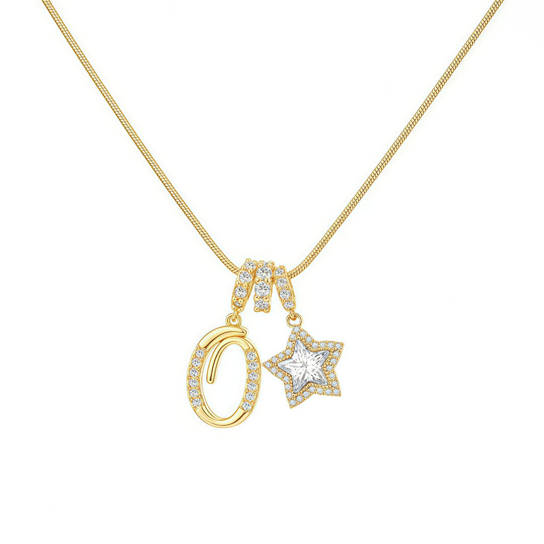 Script Initial Pave Star Dual Charm Snake Chain Necklace, Gold & Silver Custom Letter Choker