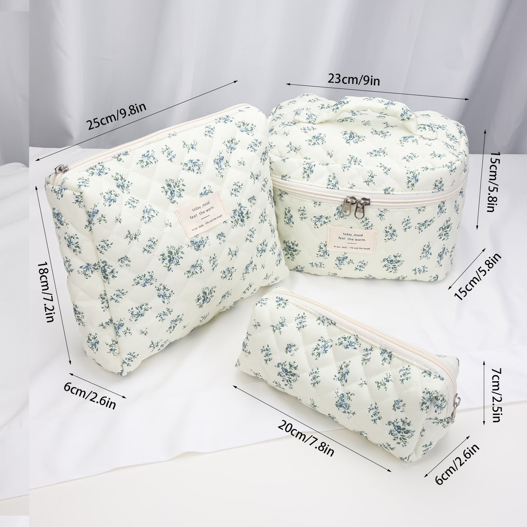 Floral Quilted 3-Piece Makeup Bag Set, Large Capacity Handheld Cosmetic Bag Portable Storage Pouch & Pencil Case Kit