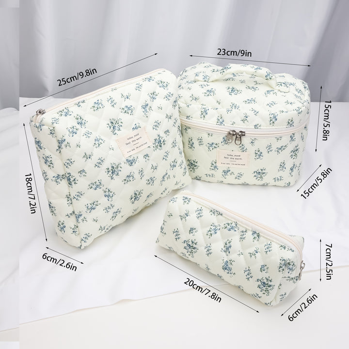Floral Quilted 3-Piece Makeup Bag Set, Large Capacity Handheld Cosmetic Bag Portable Storage Pouch & Pencil Case Kit