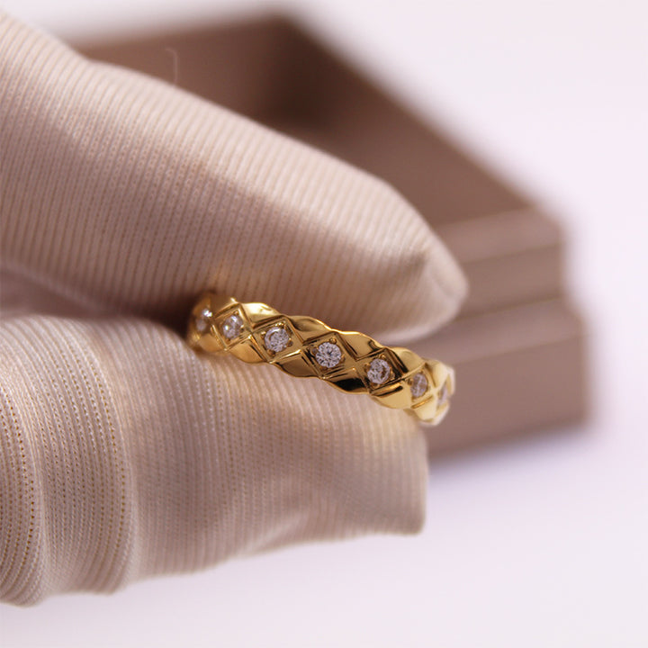 Classic Quilted Pattern Silver Ring, Plain & Paved Diamond Luxury Versatile Band Ring