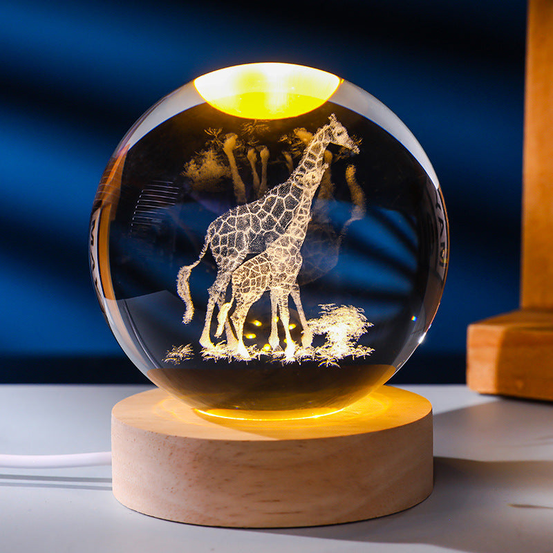 3D Laser Engraved Glowing Crystal Ball Ornament, Multi-Pattern Solid Wood Warm LED Base Night Light Gift