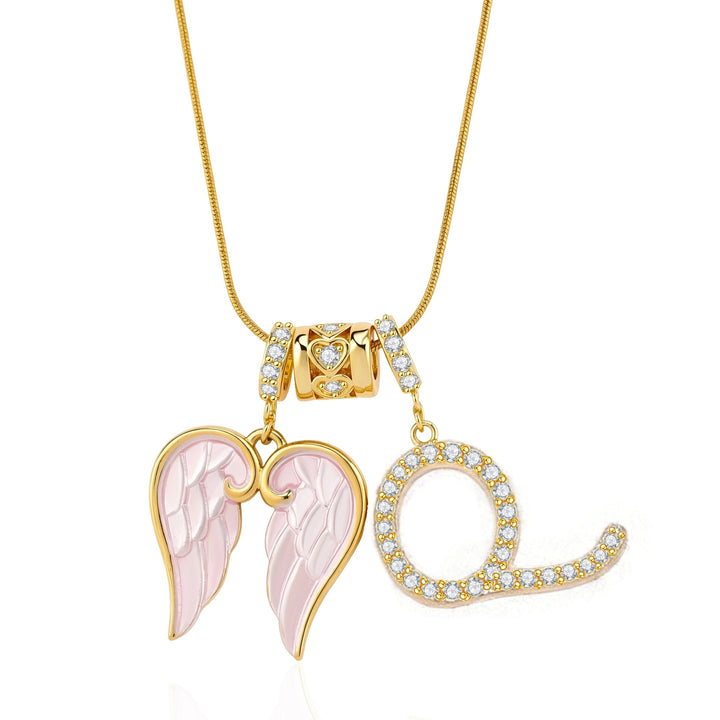 Pink Enamel Angel Wing Initial Necklace, Custom 26 Letters Gold Plated Diamond Pendant
